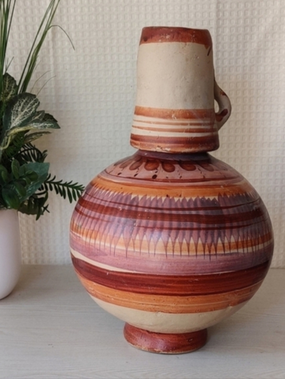 Mexican Handmade Folk Art Pottery Clay Water Jug with Cup